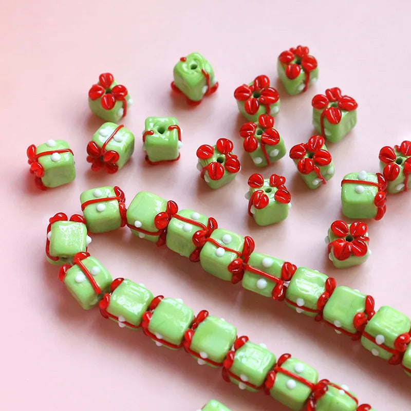 5pcs Green Christmas Lampwork Beads 11X10mm Spacer For DIY Bracelet