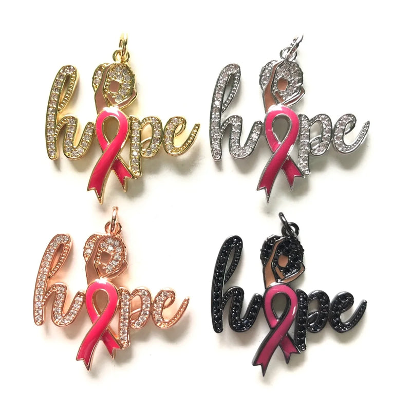 5pcs HOPE Word Charm Pink Ribbon Breast Cancer Awareness Pendant Bling Zirconia