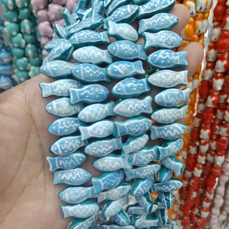 5pcs Fish Shape Ceramic Beads 21x10mm Hand Painted Loose Spacer Bead