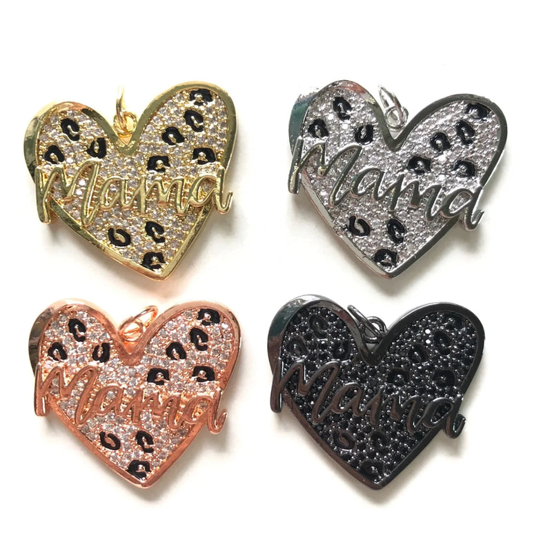 5pcs Leopard Print Mom Heart Charms Jewelry Making Pendants