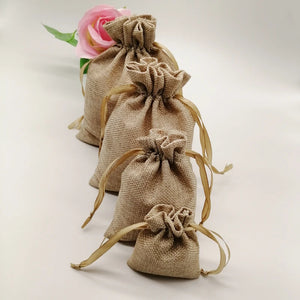 5pcs Linen Gift Bag Ribbon Jute Bag Sack Drawstring Jewelry Bags Pouch