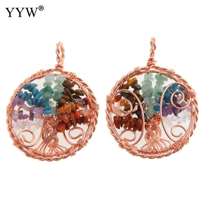 7 Chakra Healing Crystal Necklace Tree Of Life Wire Wrapped Pendant Reiki Stone