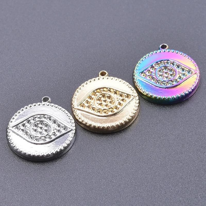 5pcs Rainbow Silver Demon Eye Coin Charms Stainless Steel Pendant