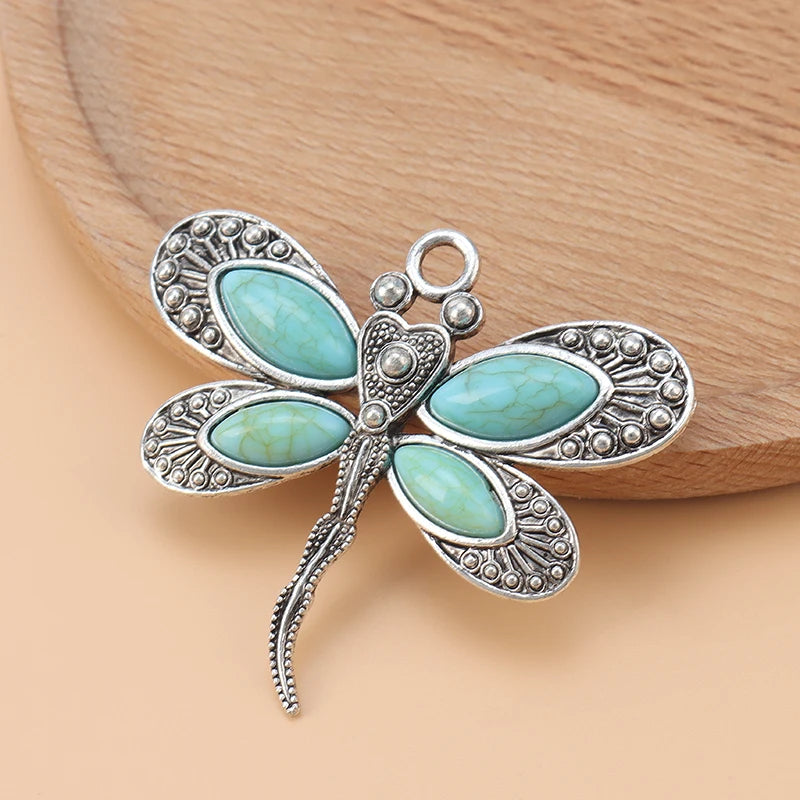 5pcs Tibetan Silver Dragonfly & Faux Stone Charms for Necklace Making
