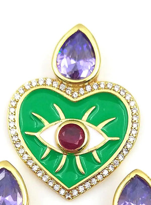 5pcs Micro CZ Heart Evil Eye Pendant Pink Violet for Necklace Making