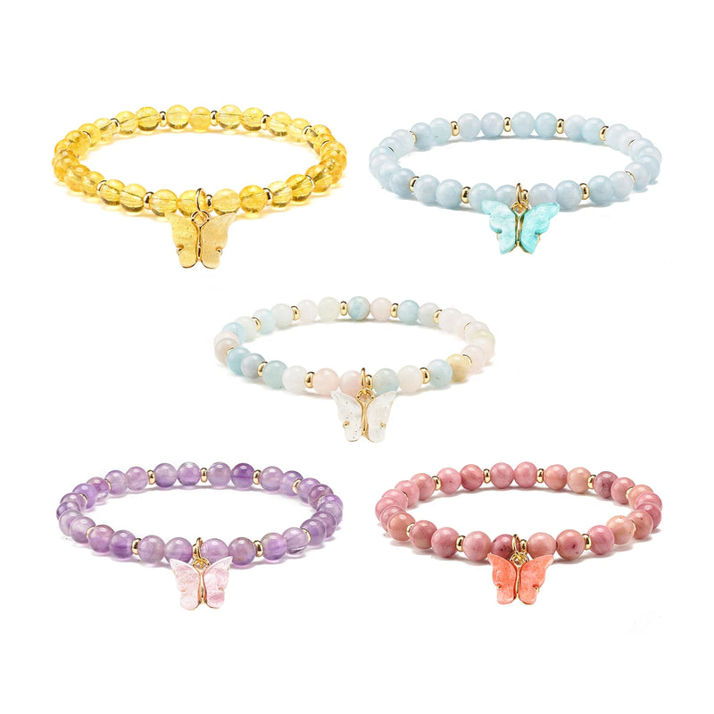 5pcs Amethyst Quartz Round Beads Bracelet with Butterfly Charm