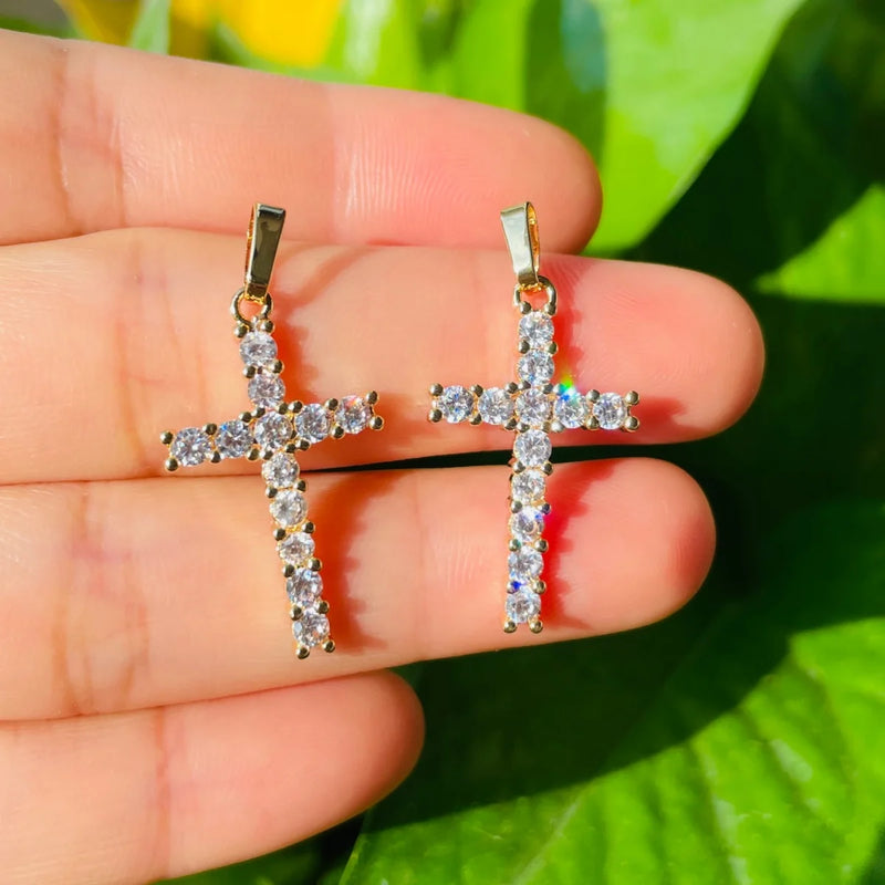 5pcs Cross Charm with Rhinestone Pave Gold-Plated Pendant for Jewelry Making