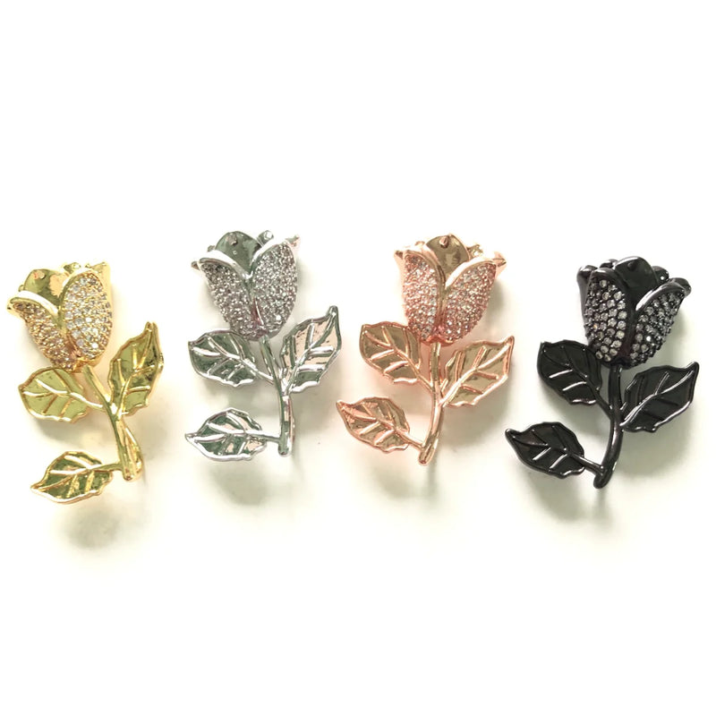 5pcs Rose Flower Charms Cubic Zirconia Paved Jewelry Accessory