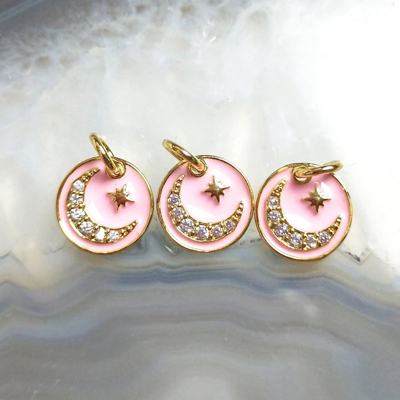 5pcs Sweet Pink Moon Star Pendant Micro CZ Pave Copper Plated Charm