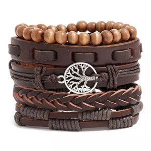Vintage Punk Leather Bracelet Set Tree Charms Wristband Bangle