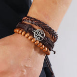 Vintage Punk Leather Bracelet Set Tree Charms Wristband Bangle