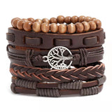 Vintage Punk Leather Bracelet Set Tree Charms Wristband Bangle