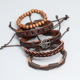 Vintage Punk Leather Bracelet Set Tree Charms Wristband Bangle