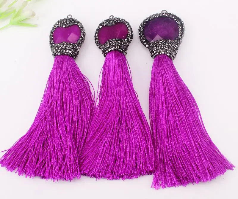 5pcs Silk Thread Tassels, Natural Faceted Stone Rhinestone Tassel Pendant