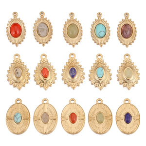 5pcs Stainless Steel 18KGold Teardrop Oval Charms Natural Stone Pendants