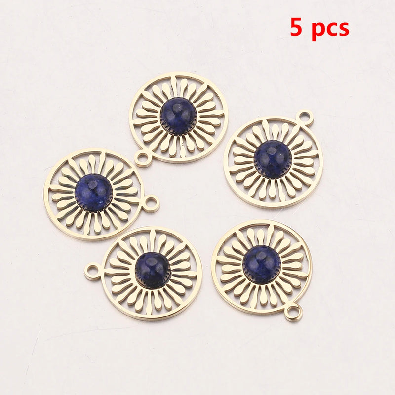 5pcs Stainless Steel Charms Natural Stone Flower Pendants for Jewelry Making
