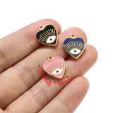 5pcs Enamel Pink Red Heart Charms Plated Lucky Eye Pendants