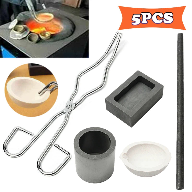 5pcs Torch Melting Kit Silver Crucible Tong Rod Graphite Ingot Mold Casting