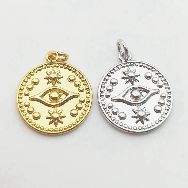 Silver Evil Eye Coin Pendant with Heart Zircon