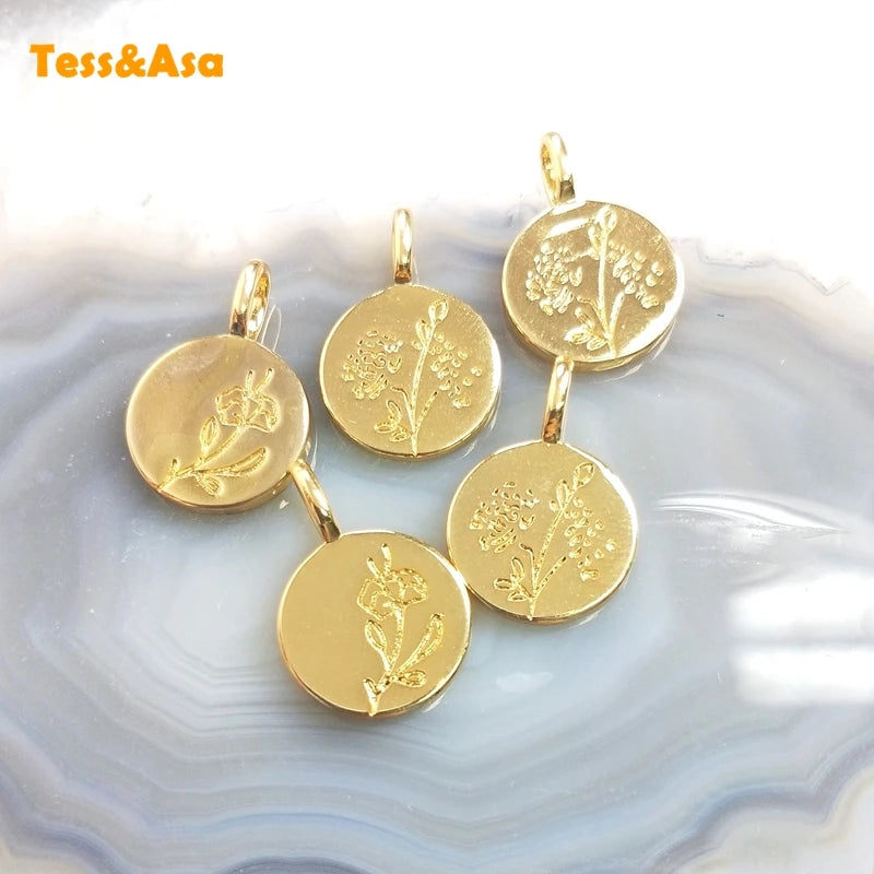5pcs Simple Round Tree Flower Pendant Plated Plant Pattern Charms for Necklace