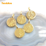5pcs Simple Round Tree Flower Pendant Plated Plant Pattern Charms for Necklace