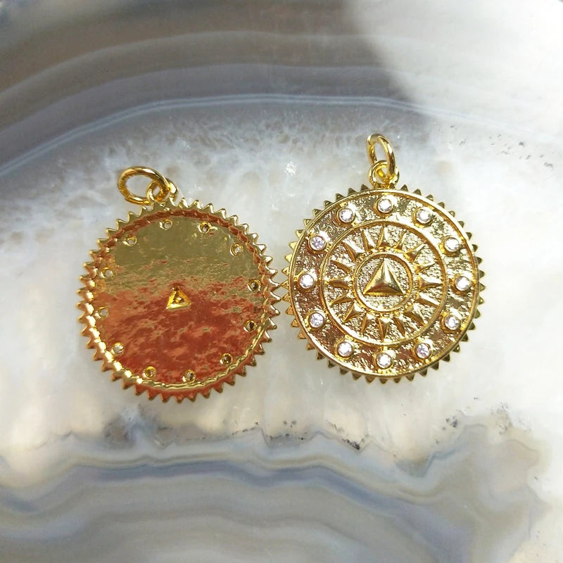 5pcs Vintage Sun Pendant Plated Brass CZ Round DIY Jewelry Men Women