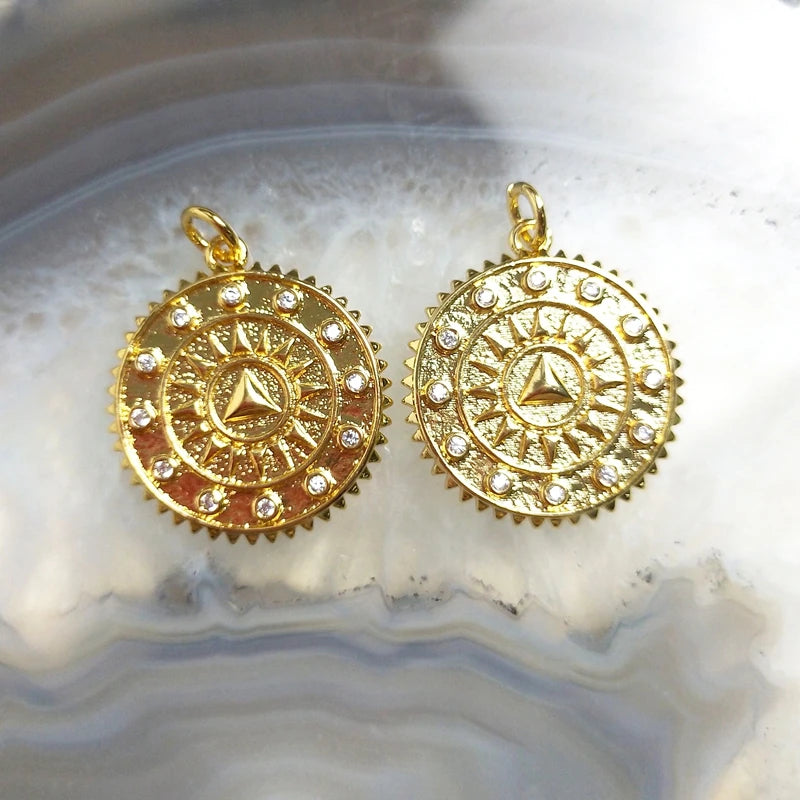 5pcs Vintage Sun Pendant Plated Brass CZ Round DIY Jewelry Men Women