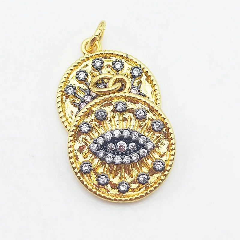 5pcs Evil Eye Pendant Pink Zircon Coin Charms for DIY Necklace