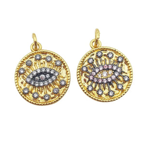 5pcs Evil Eye Pendant Pink Zircon Coin Charms for DIY Necklace