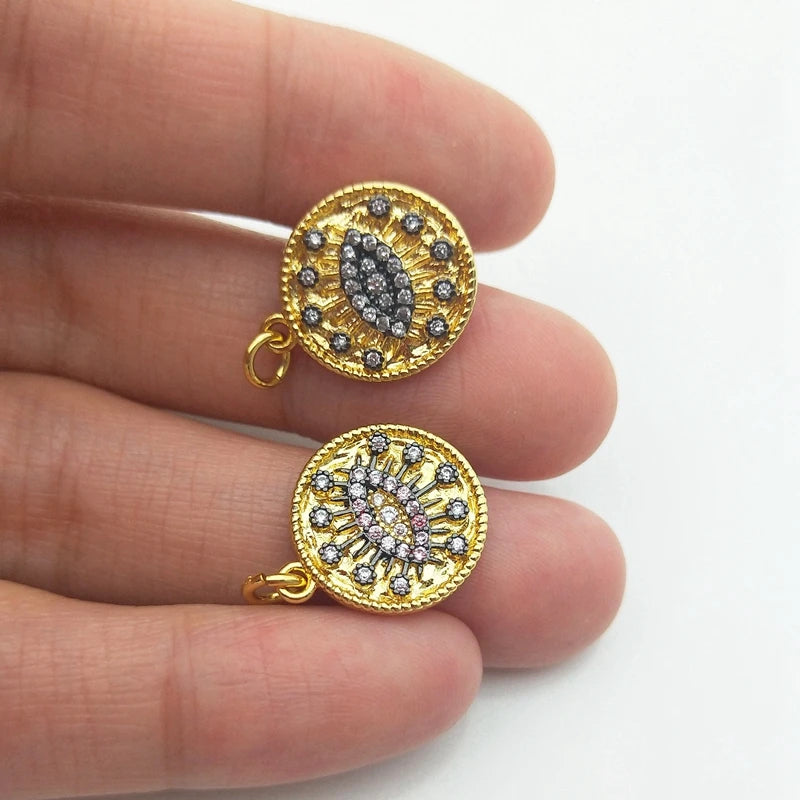 5pcs Evil Eye Pendant Pink Zircon Coin Charms for DIY Necklace
