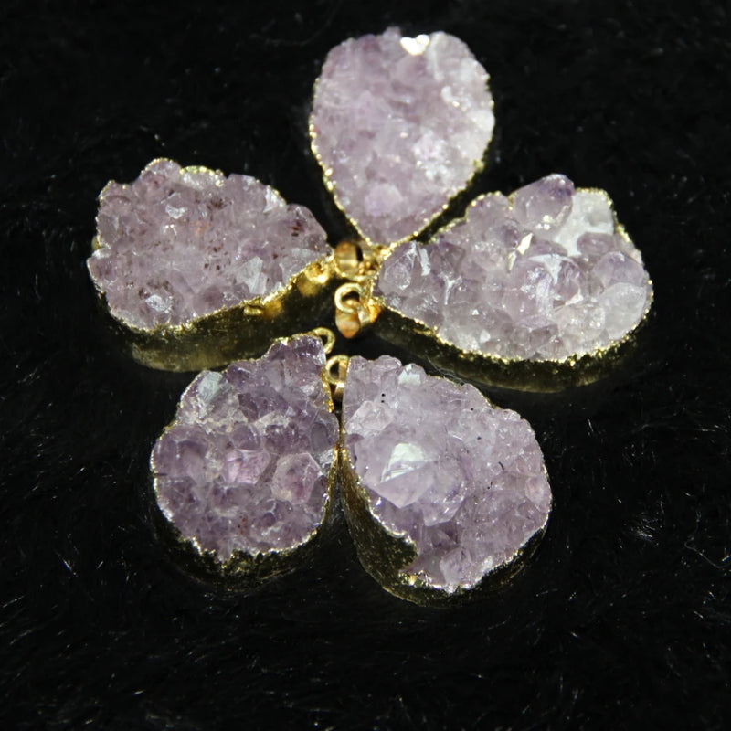 5pcs Purple Crystal Geode Drusy Pendants with Quartz Druzy