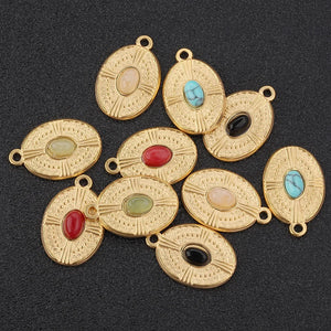 5pcs 18K PVD Plated Stainless Steel Oval Natural Stone Pendant