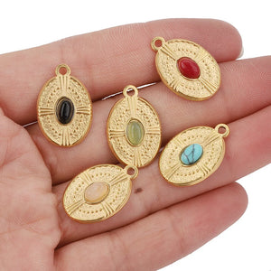 5pcs 18K PVD Plated Stainless Steel Oval Natural Stone Pendant