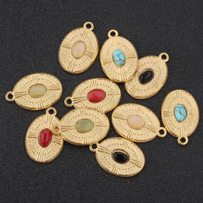 5pcs 18K PVD Plated Stainless Steel Oval Natural Stone Pendant