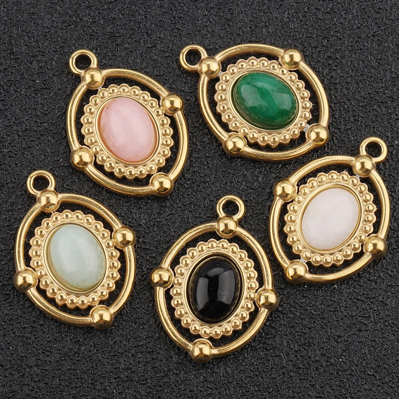 5pcs Retro Oval Gemstone Necklace Pendant DIY Earring Pendant