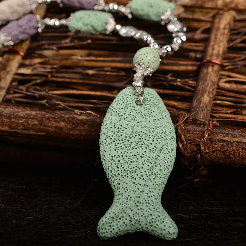 5pcs Natural Volcanic Rock Fish Pendant Loose Beads DIY Jewelry