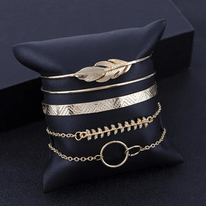 5pcs Retro Leaves Circle Wide Double Leaves Bangles For Women