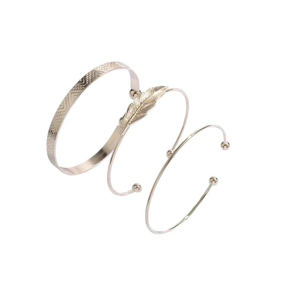 5pcs Retro Leaves Circle Wide Double Leaves Bangles For Women