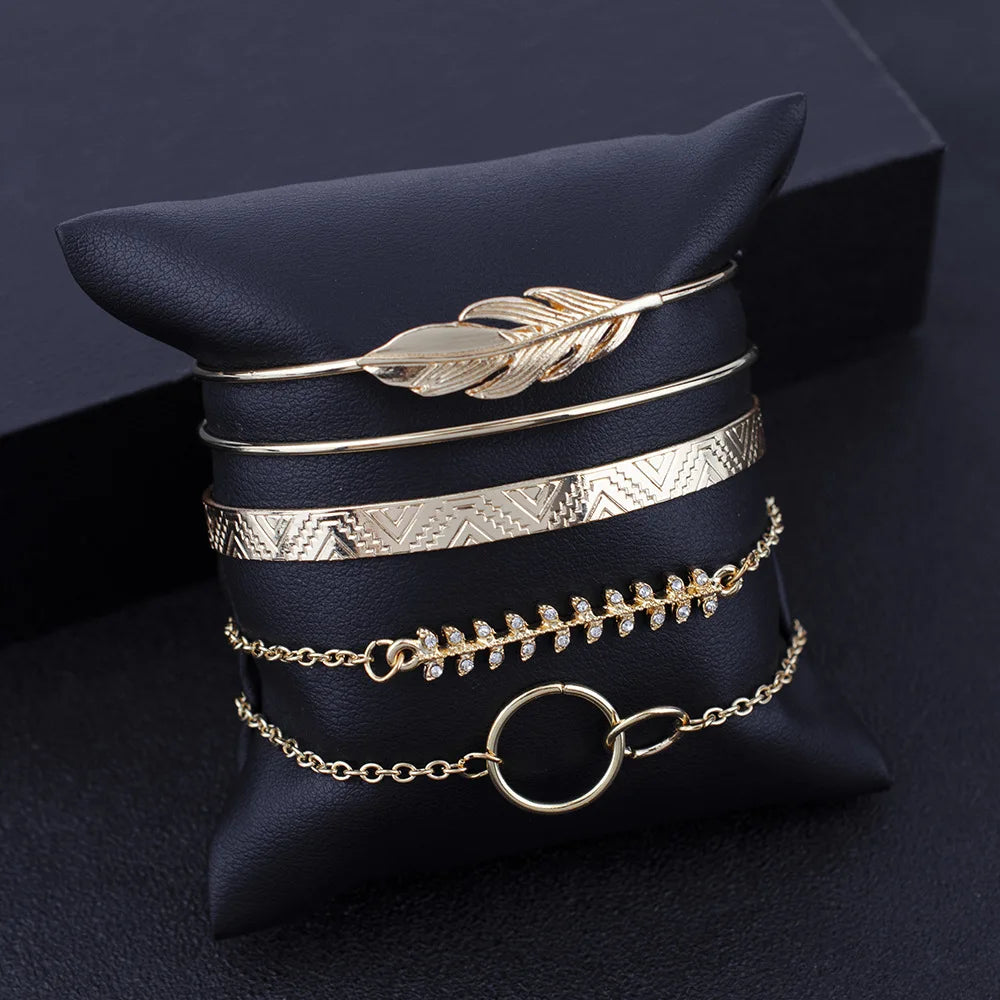 5pcs Retro Leaves Circle Wide Double Leaves Bangles For Women