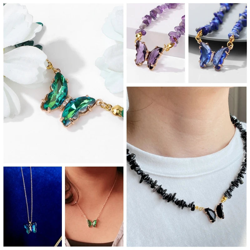 5pcs Colorful Crystal Butterfly Pendant Glass Charms For Women Necklace