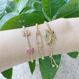 Copper CZ Eye Safty Pin Heart Adjustable Bracelet