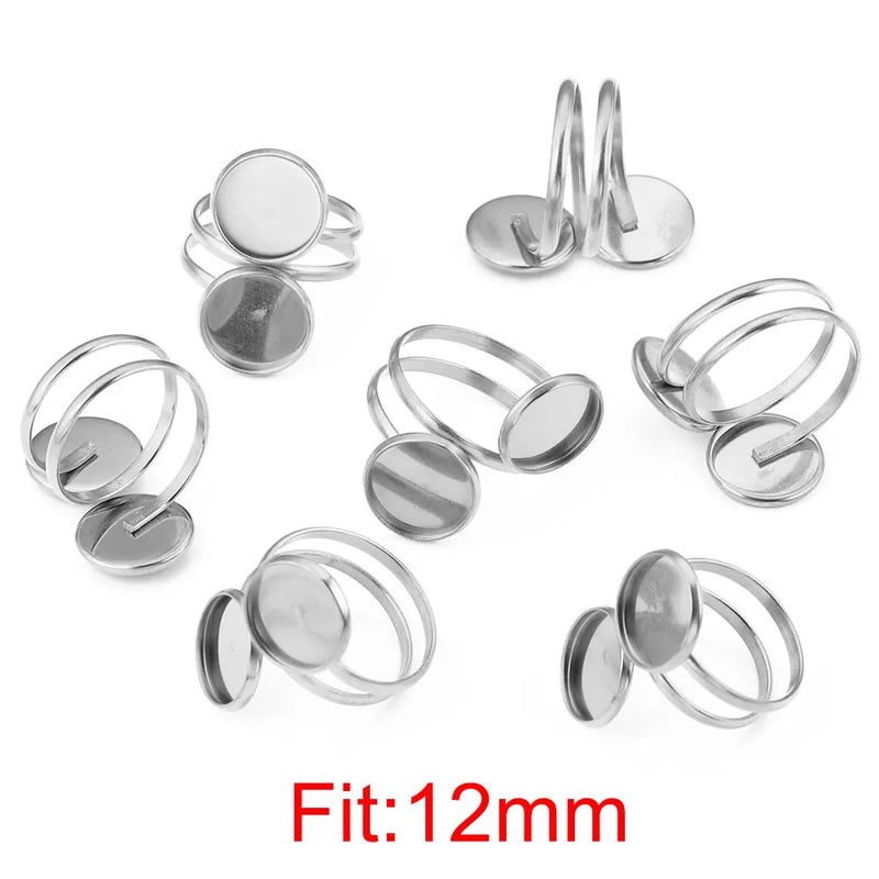 5pcs 12mm Stainless Steel Open Ring Settings Double Flat Blank Base Round Resin