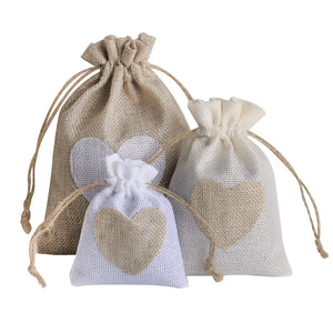 5pcs Heart Linen Jewelry Bag Drawstring Pouch Decoration Pocket