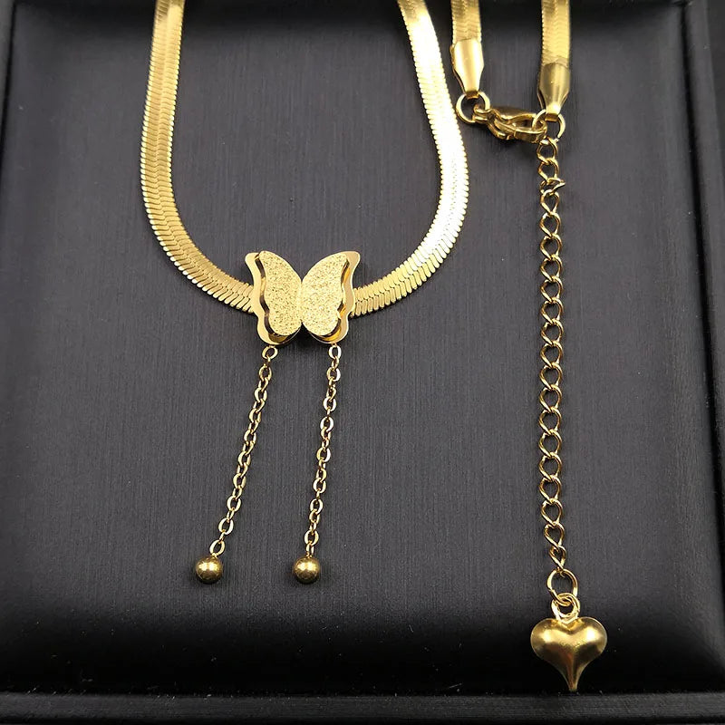 5pcs Stainless Steel 18K Butterfly Tassel Ball Necklace Chain for Women