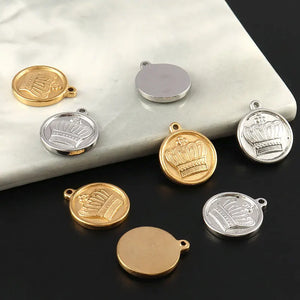 5pcs Stainless Steel Round Coin Crown Pendants DIY Jewelry Findings