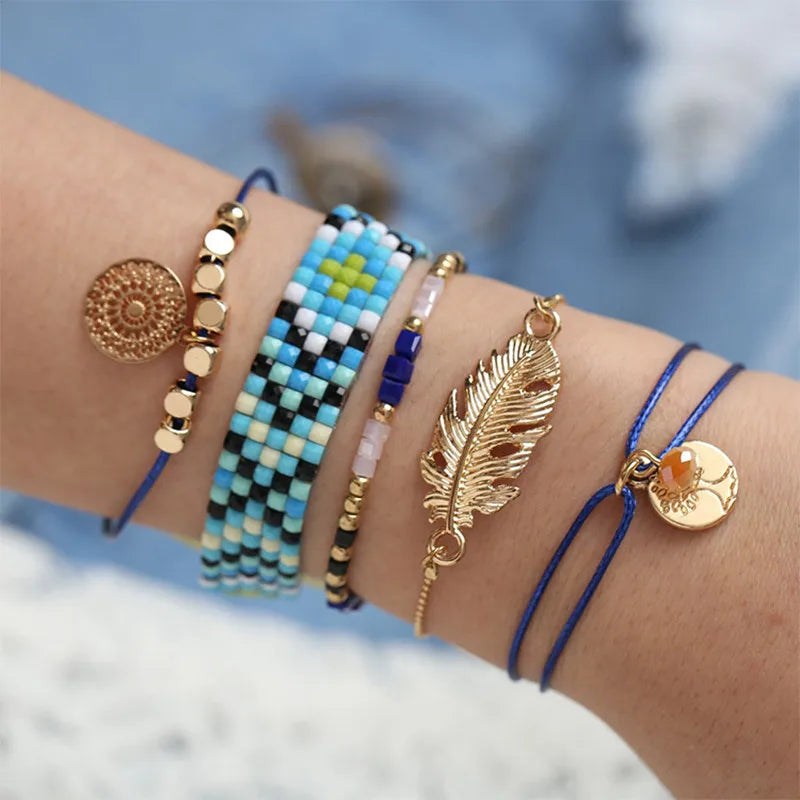 Bohemia Leaf Geometry Crystal Stone Bracelet Set for Women