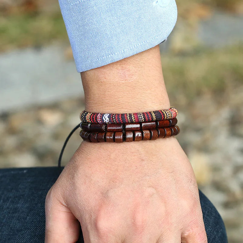5pcs/set Braided Wrap Leather Bracelet for Men Vintage Charm Wood Beads