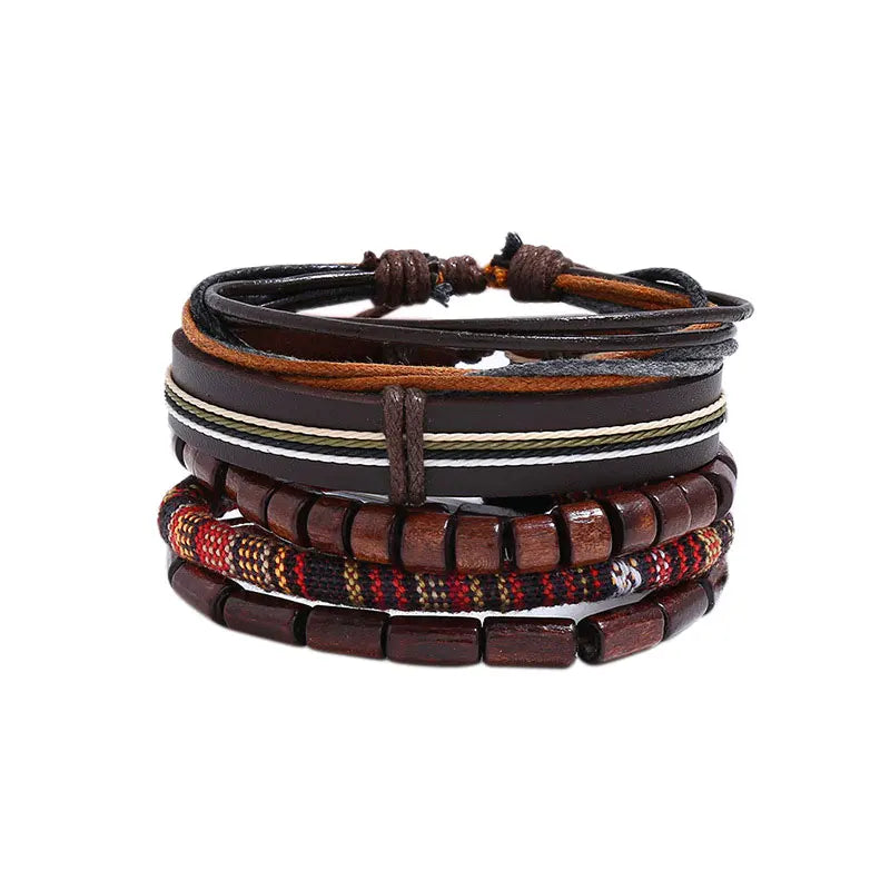 5pcs/set Braided Wrap Leather Bracelet for Men Vintage Charm Wood Beads