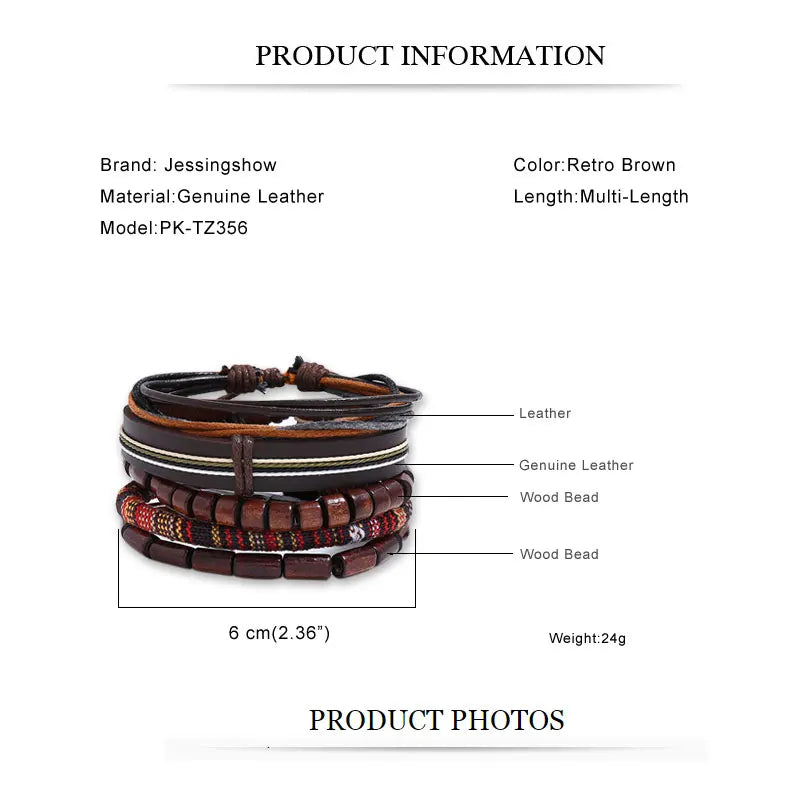 5pcs/set Braided Wrap Leather Bracelet for Men Vintage Charm Wood Beads