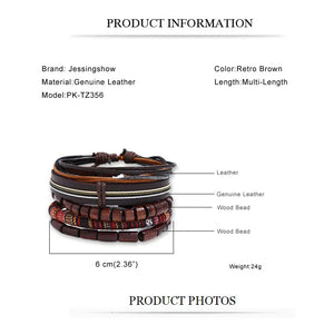 5pcs/set Braided Wrap Leather Bracelet for Men Vintage Charm Wood Beads